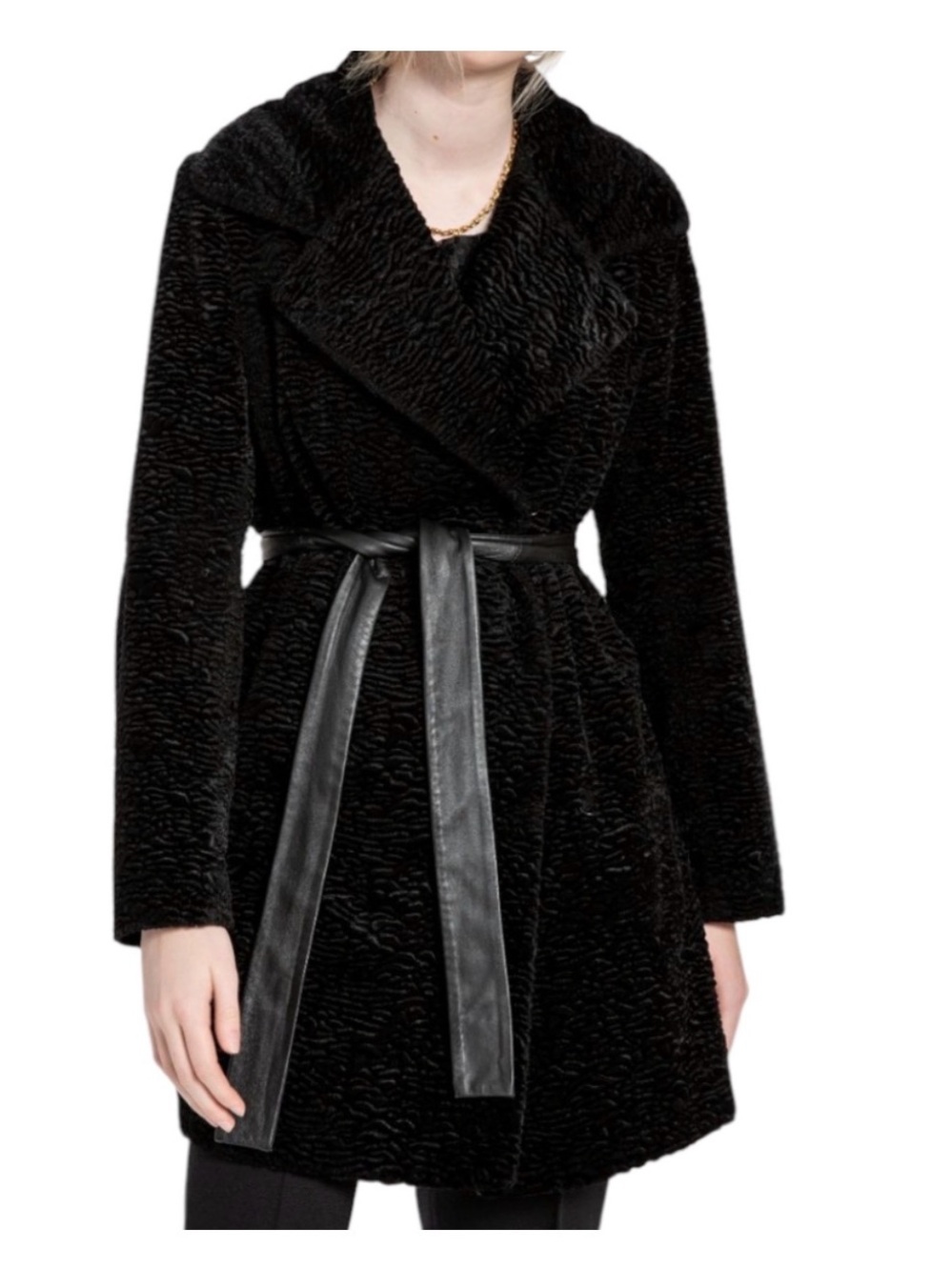 Calvin Klein Black Faux Fur Belted Trench Coat Size Small